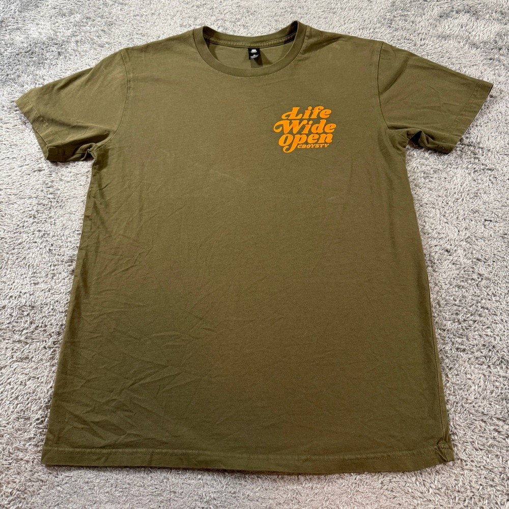 CboysTV Mens Life Wide Open Graphic T-Shirt Size M Olive Green Orange Cotton Tee